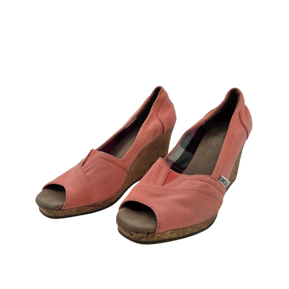 TOMS Coral Pink‎ Canvas Peep Toe 3 inch Wedge Espadrilles Shoes Womens 8.5